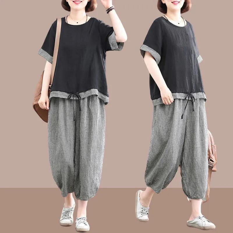 Korean-style Loose-fit Printed Short-sleeve Pants Set