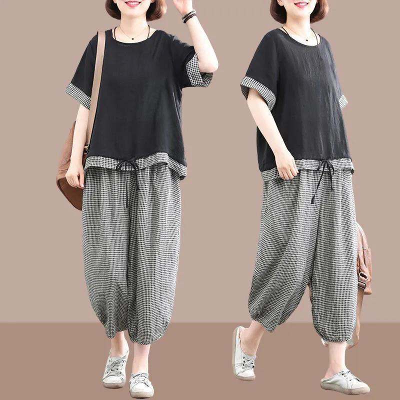 Korean-style Loose-fit Printed Short-sleeve Pants Set
