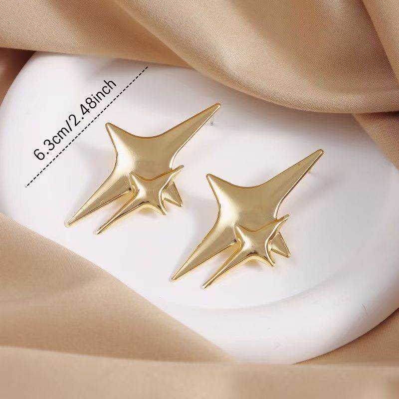 Korean Double Four-pointed Star Studs, Sweet  Long Earrings For Daily Commute