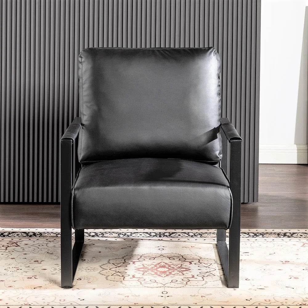 Classic Mid Century Modern Accent Chair With Durable Square Metal Frame, Armchair For Living Room, Bedroom, Home Office In Spotted Microfiber Upholstery, Black -PU Leather