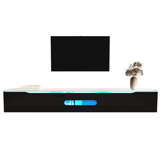Black And White TV Cabinet, 180 Cm Long, High-gloss Surface, With 16-colour LED Lighting, Wall-mountable