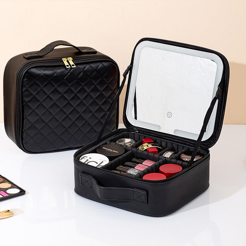 Makeup Bag With Mirror And Light Rechargeable PU Leather Travel Storage Box