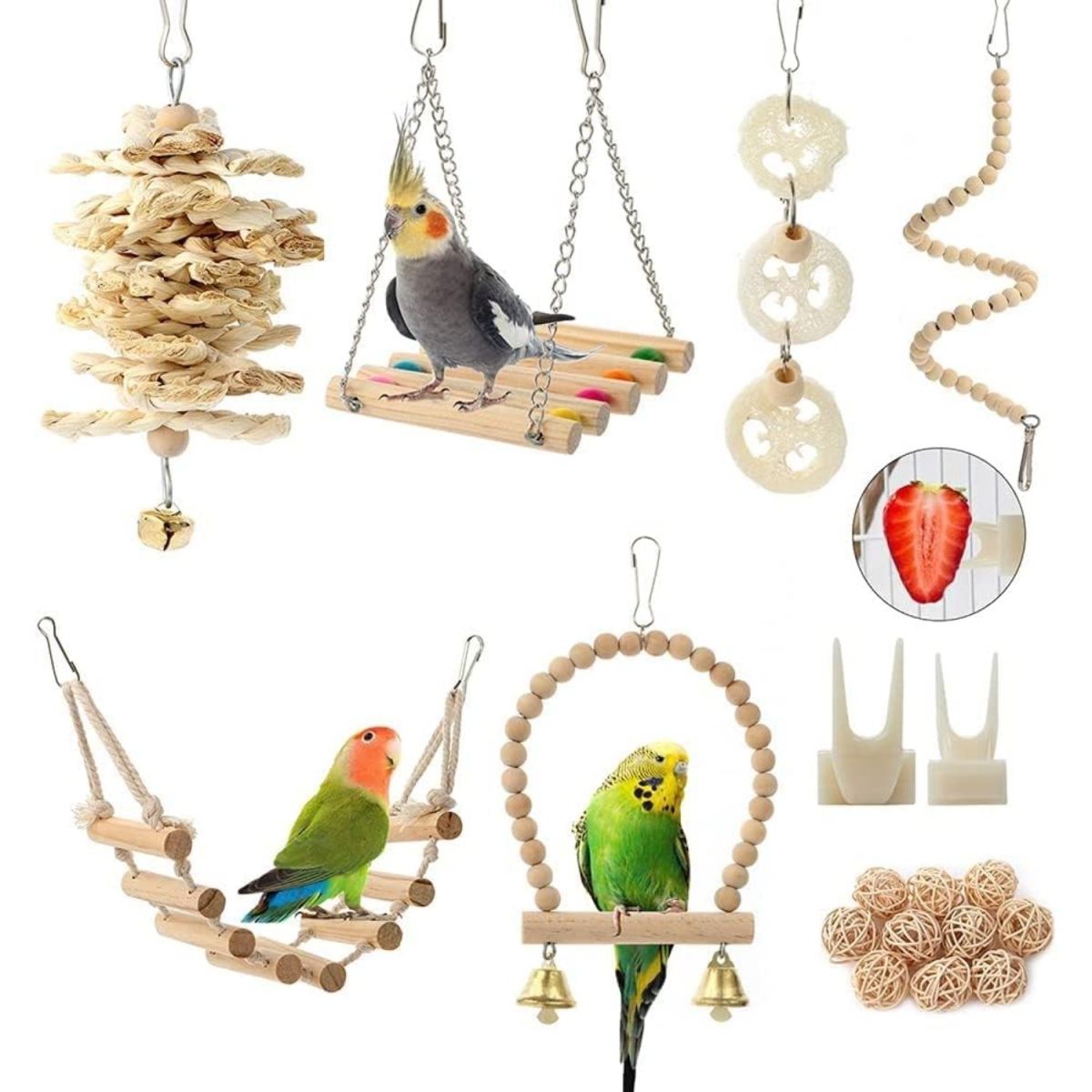 BBjinronjy Bird And Parrot Toys, For Hanging, 18 Pieces, Bird Cage Accessories, Toys, Perch, Ladder, Chew Toys, Hammock For Parakeets, Lovebirds, Finches, And Other Small Pets—Party Packages