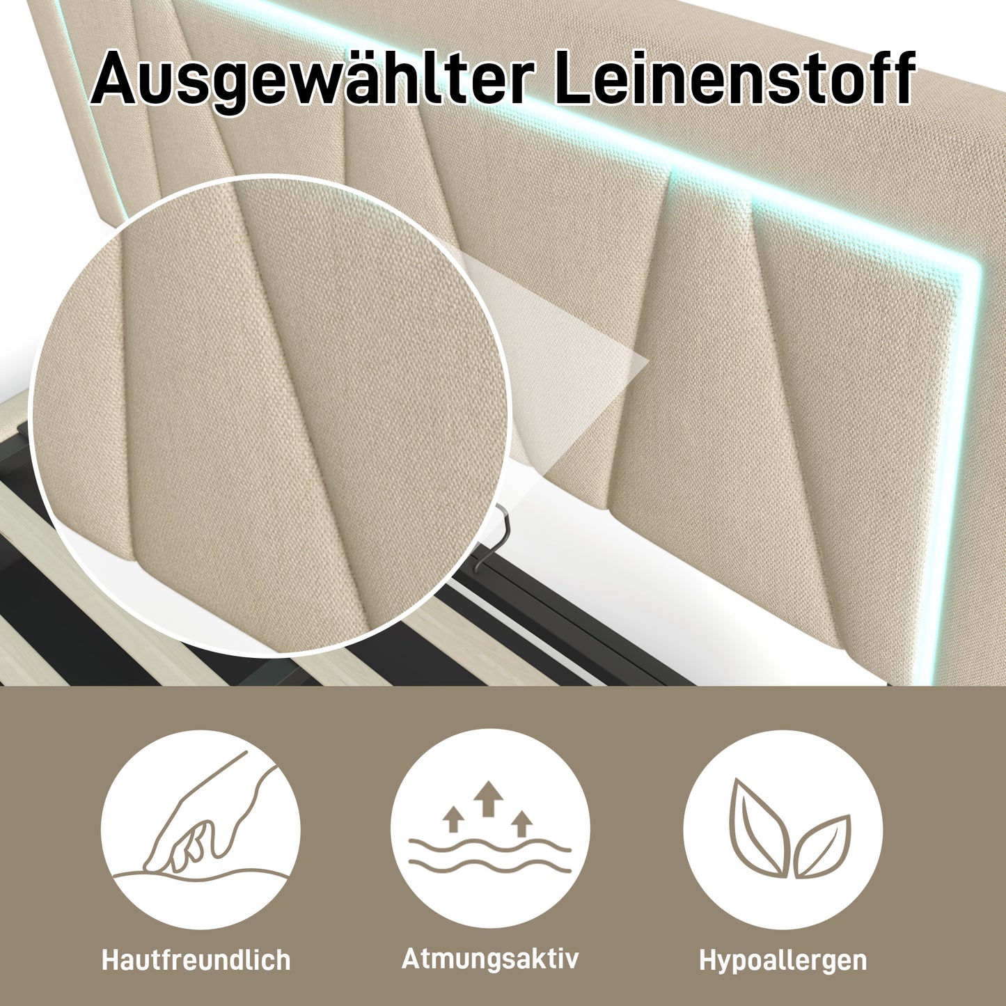 Upholstered Bed LED Double Bed With USB Type-C Charging Function And LED Lighting,Storage Beds Bed Frame Made Of Linen Material Youth Bed 140x200 With Slatted Base Without Mattress