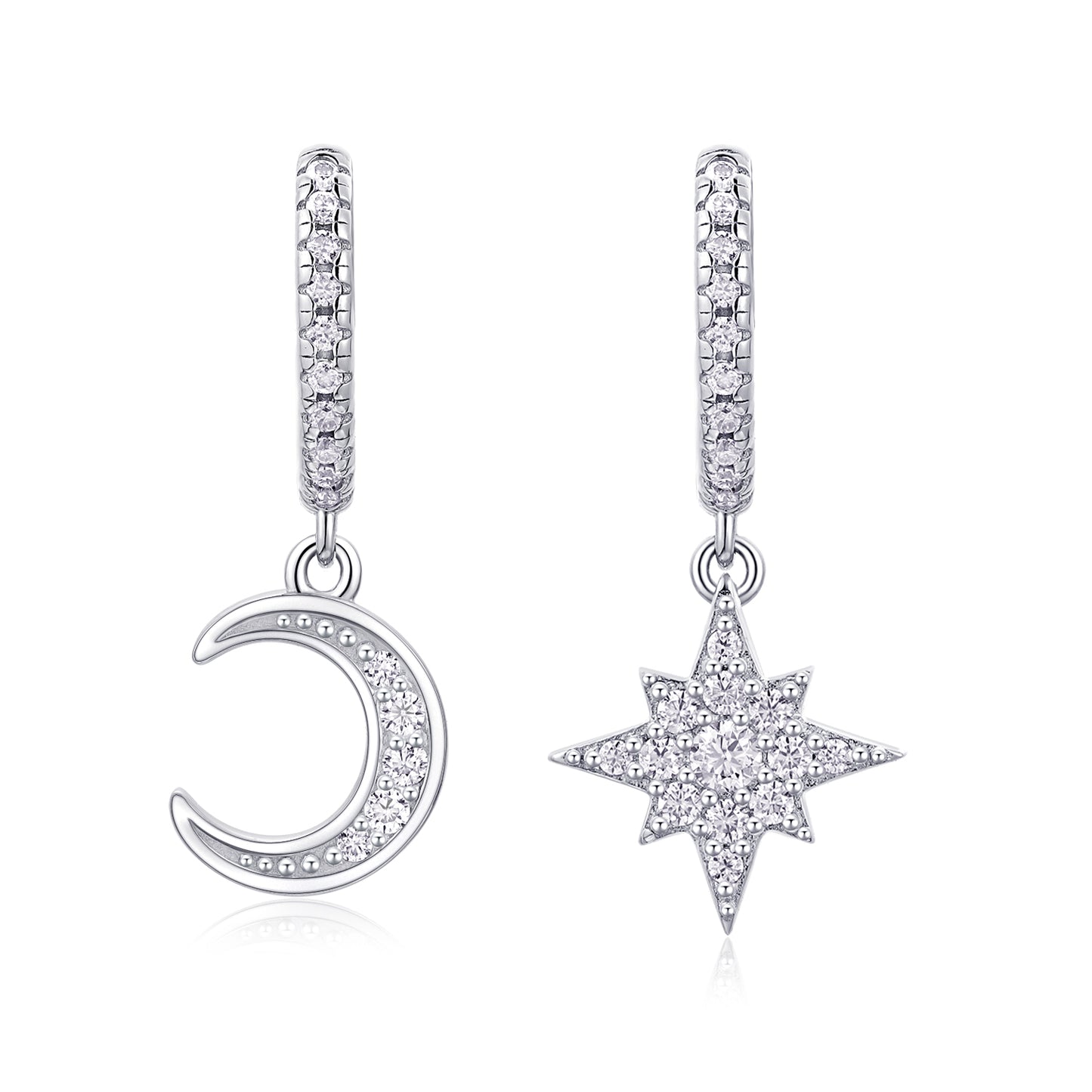 S925 Sterling Silver Star And Moon Huggie Drop Earrings, D-VVS1 Moissanite, Platinum Plated 4.2g Women's Celestial Jewelry Gift Box