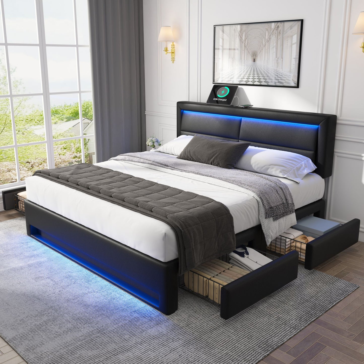 Upholstered Bed 140 X 200 Cm, With USB Port  Supports Wireless And Wired Charging , With LED Lighting And Four Drawers, Without Mattress, PU Lychee Pattern, Black OLD SKU 3256256AAS