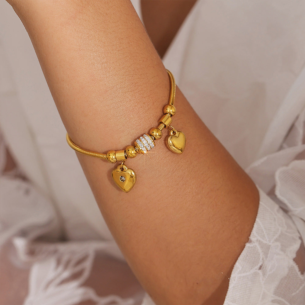 Double Heart Charm Soft Snake Chain Bracelet With Czech Rhinestones And Multiple Accessories