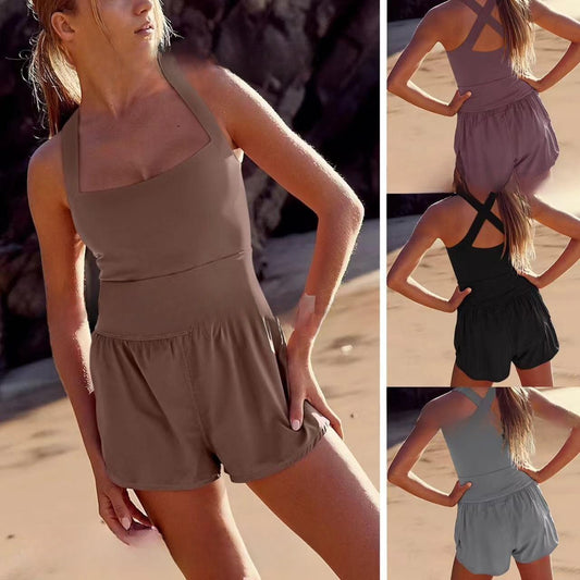 Hollow-out Cross Back Loose Comfortable Fitness Jumpsuit