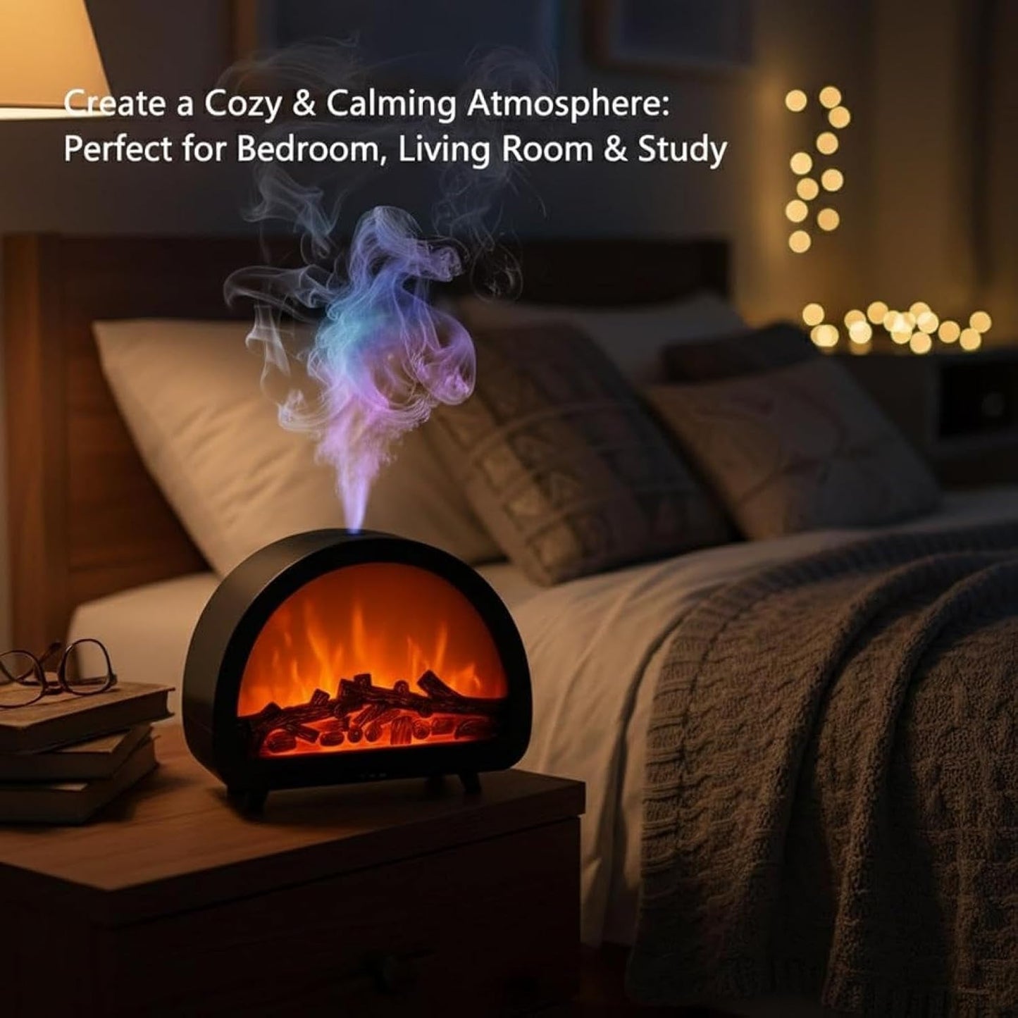 Portable Humidifier, Large Mist Volume, Fireplace Flame Aromatherapy Machine, Home Office Desk Essential Oil Automatic Fragrance Diffuser