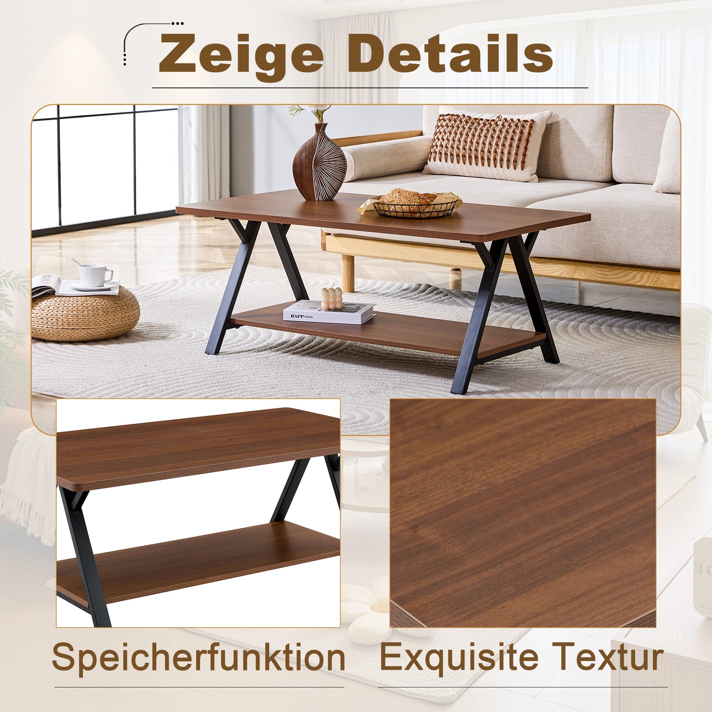 Modern Industrial Coffee Table With Storage Shelf, Walnut Wood Grain And Black Metal Frame, 110x57x44.5cm, Contemporary Living Room Table For Home Office, Home And Small Spaces