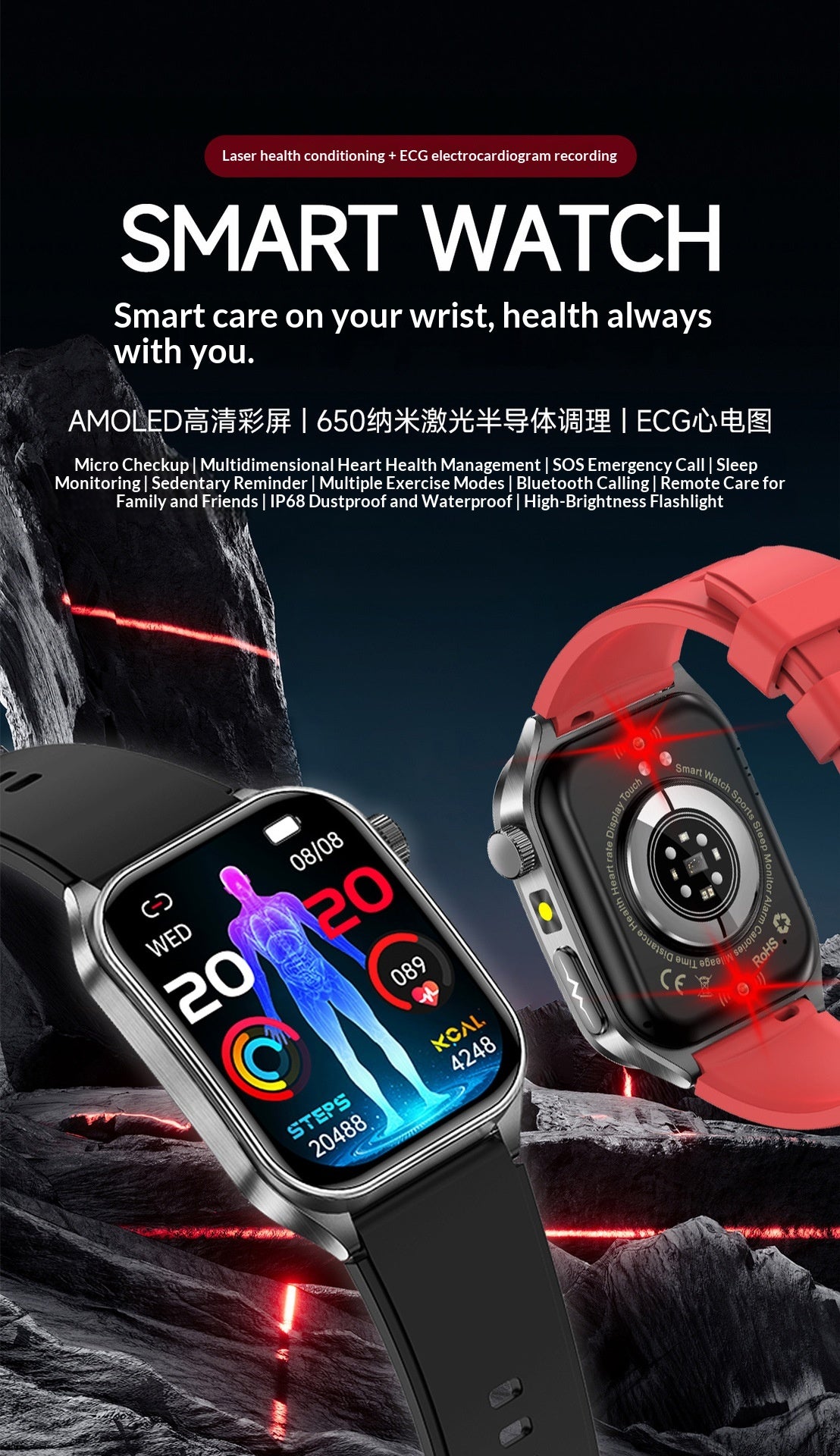Smart Health Watch BP HR ECG Blood lipids Uric Acid Calls 650nm Laser Therapy