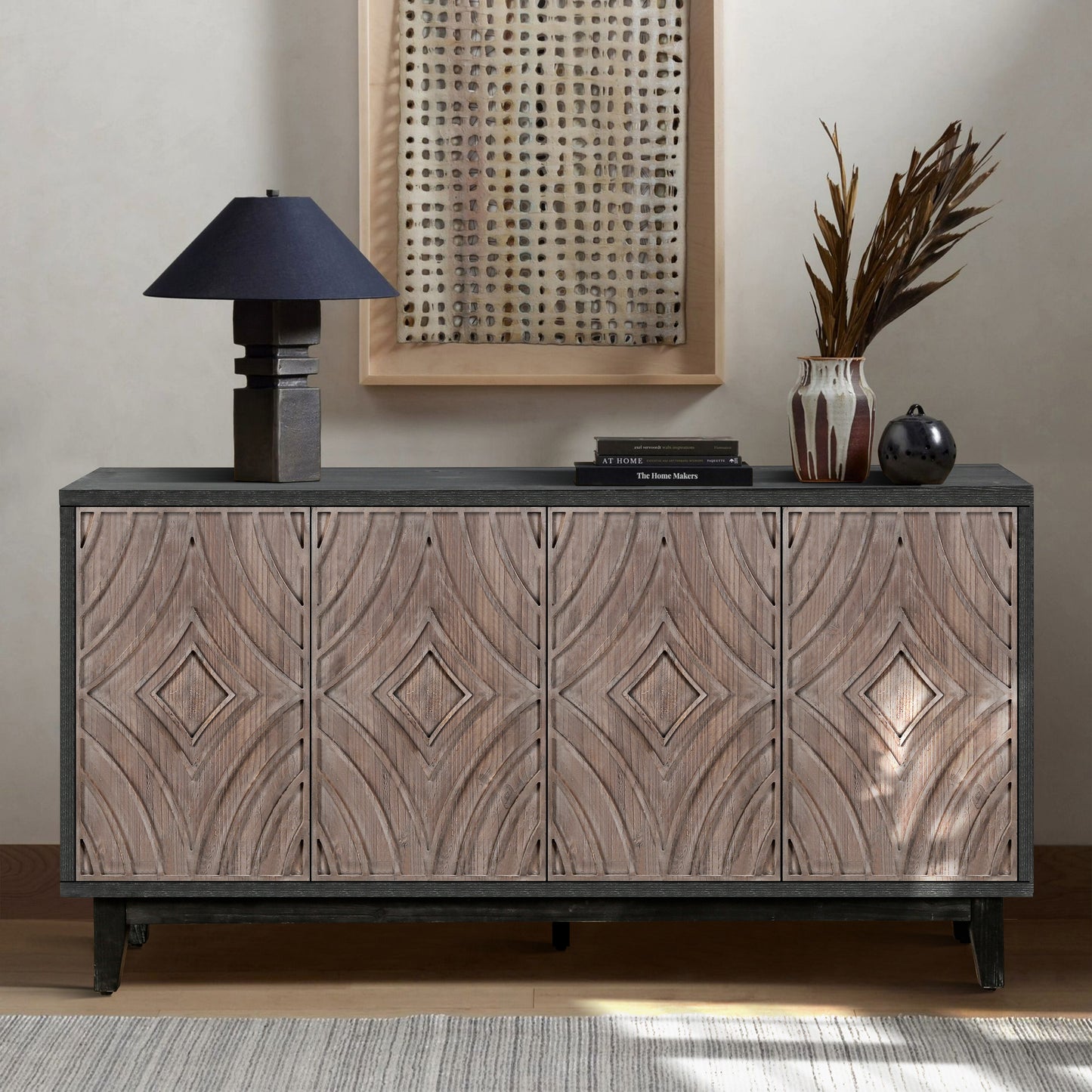 Mid Century Sideboard Buffet Cabinet With Solid Wood Legs 60  Kitchen Storage Cabinet Credenza With 4 Convex Pattern Diamond Doors And 2 Shelves Accent Console Table For Living Room  Entrance Hall Etc