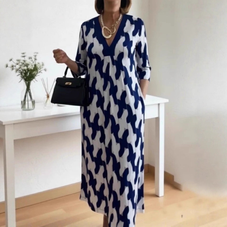 SpringSummer New Womens V-neck Printed Dress