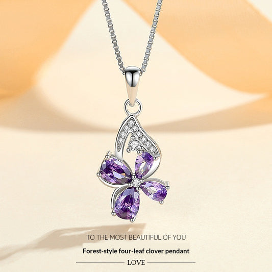 925 Sterling Silver Pendant Purple Diamond Butterfly Necklace Korean Style