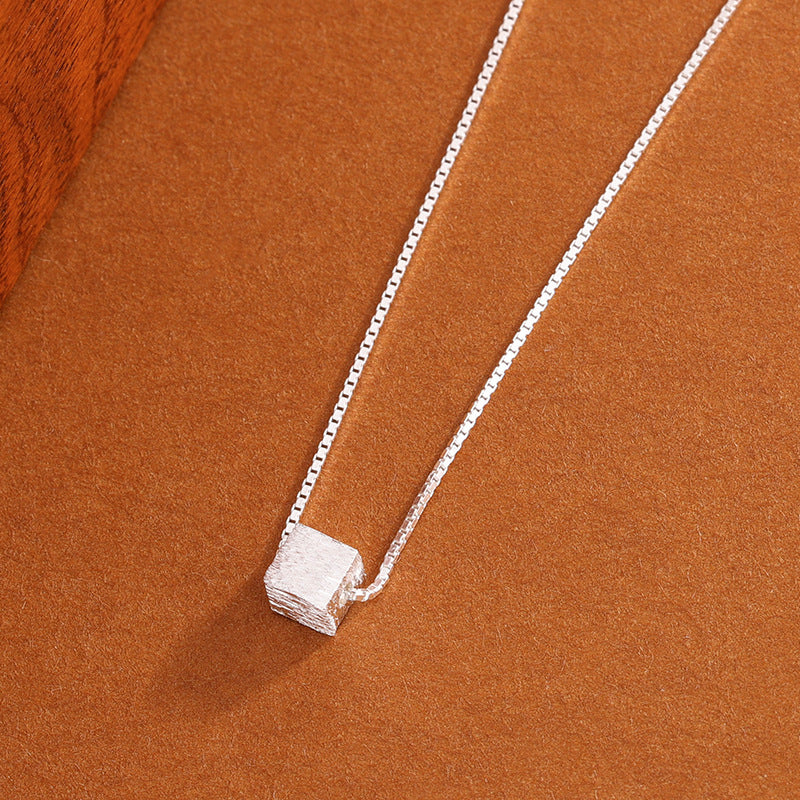 S999 Sterling Silver Sugar Cube Necklace For Women, Korean Ins Style Brushed Geometric Square Clavicle Chain, Luxury Elegant Jewelry