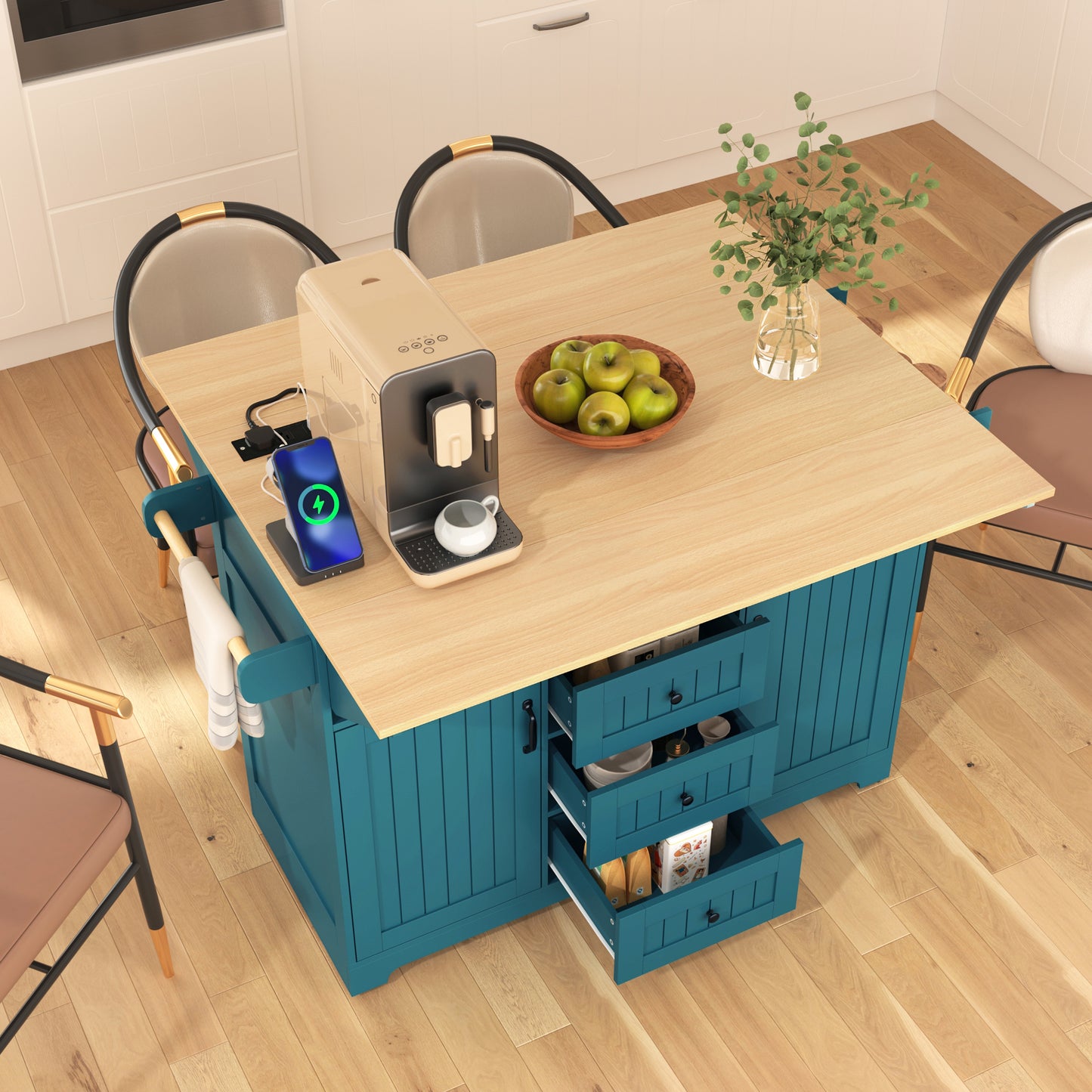 K&K 55.7  Large Kitchen Island With 2 Drop Leaf,, Rolling Kitchen Cart On 5 Wheels With Power Outlet, Folding Storage Dining Table With Spice & Towel Rack , 3 Drawers, For Kitchen, Dining Room,Green