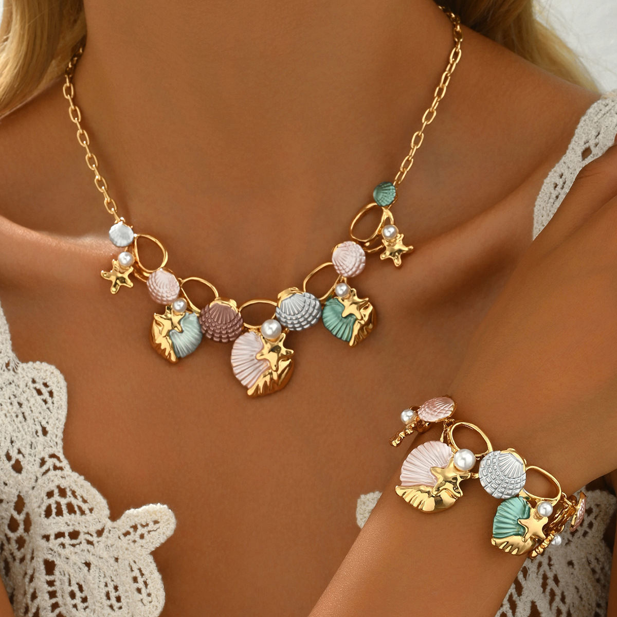 European American Cross-border Ocean Style Women Jewelry Set, Geometric Starfish & Shell Necklace Bracelet Inlaid Faux Pearl, Versatile Daily Neck Wrist Accessories