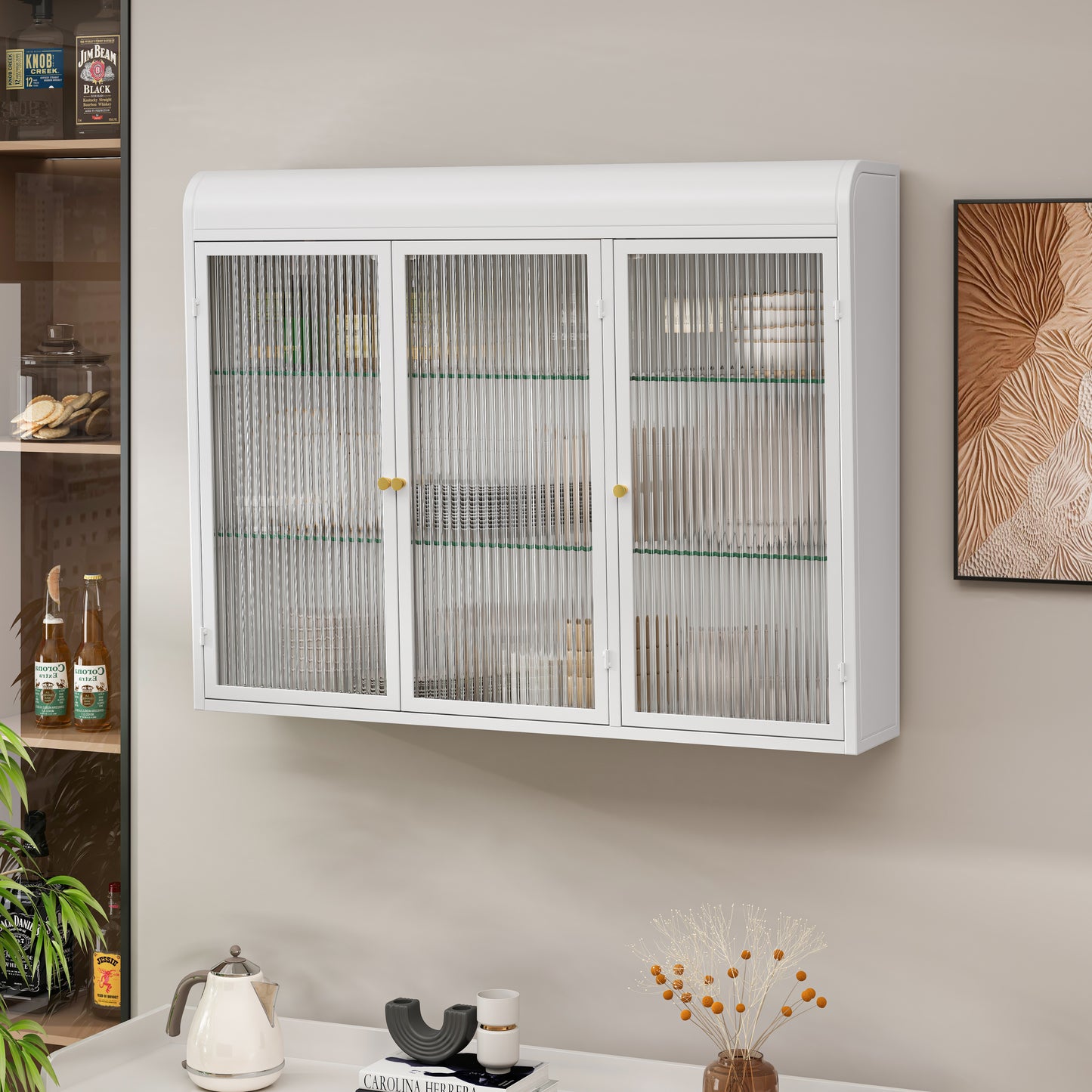 3 Door Arched Wall Mounted Glass Cabinets For Kitchen, Living Room And Bathroom White