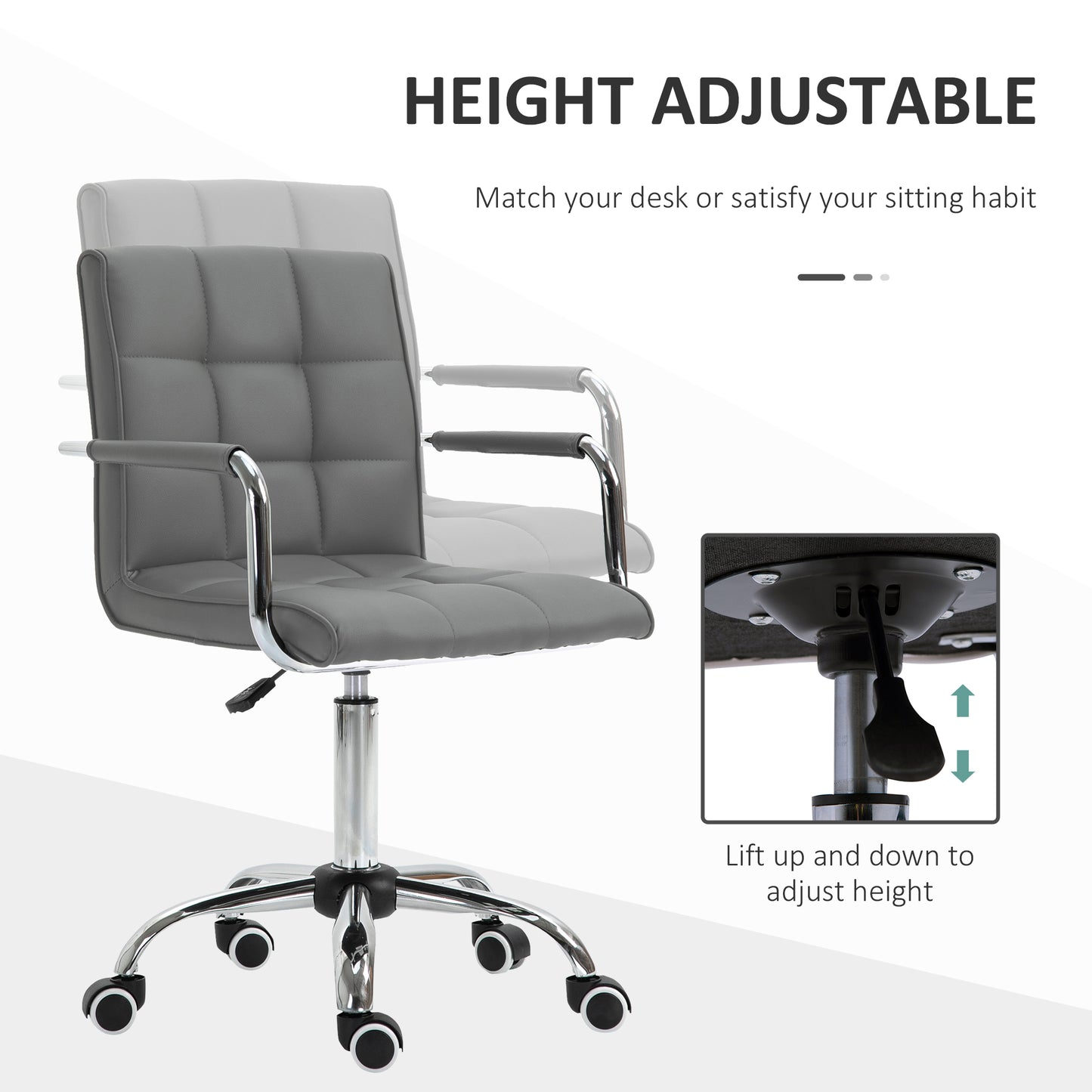 Vinsetto PU Leather Home Office Desk Chair, Computer Chair With Mid Back, Arm, Swivel Wheels, Adjustable Height, Grey