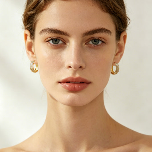 Gold Plated Copper Geometric Wide Hoop Earrings, Four Rows Inlaid Zircon, Minimalist Fashion Luxury Ear Jewelry