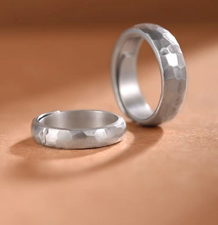1 Pair 999 Sterling Silver Hammered Texture Couple Rings, Minimalist Retro Promise Rings, Ideal Valentine's Day Gift For Lovers