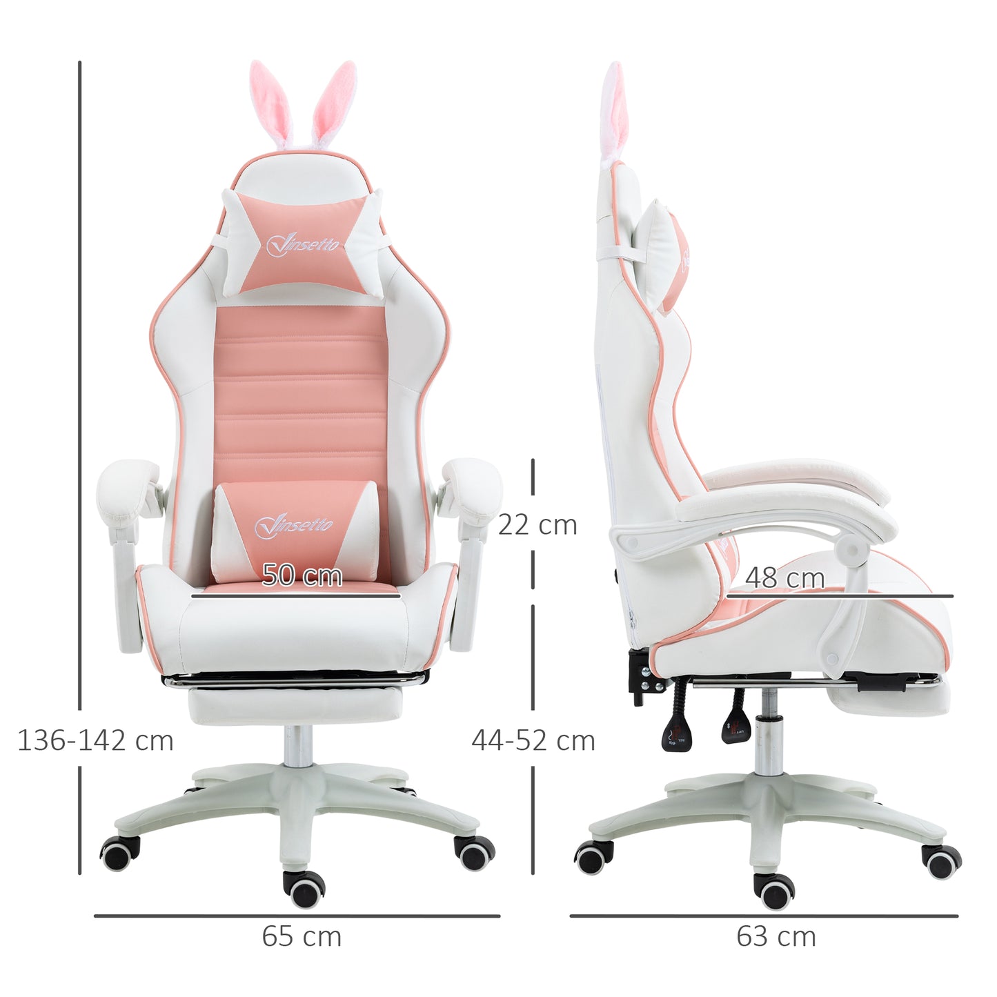Vinsetto Racing Gaming Chair, Reclining PU Leather Computer Chair With Removable Rabbit Ears, Footrest, Headrest And Lumber Support, Pink