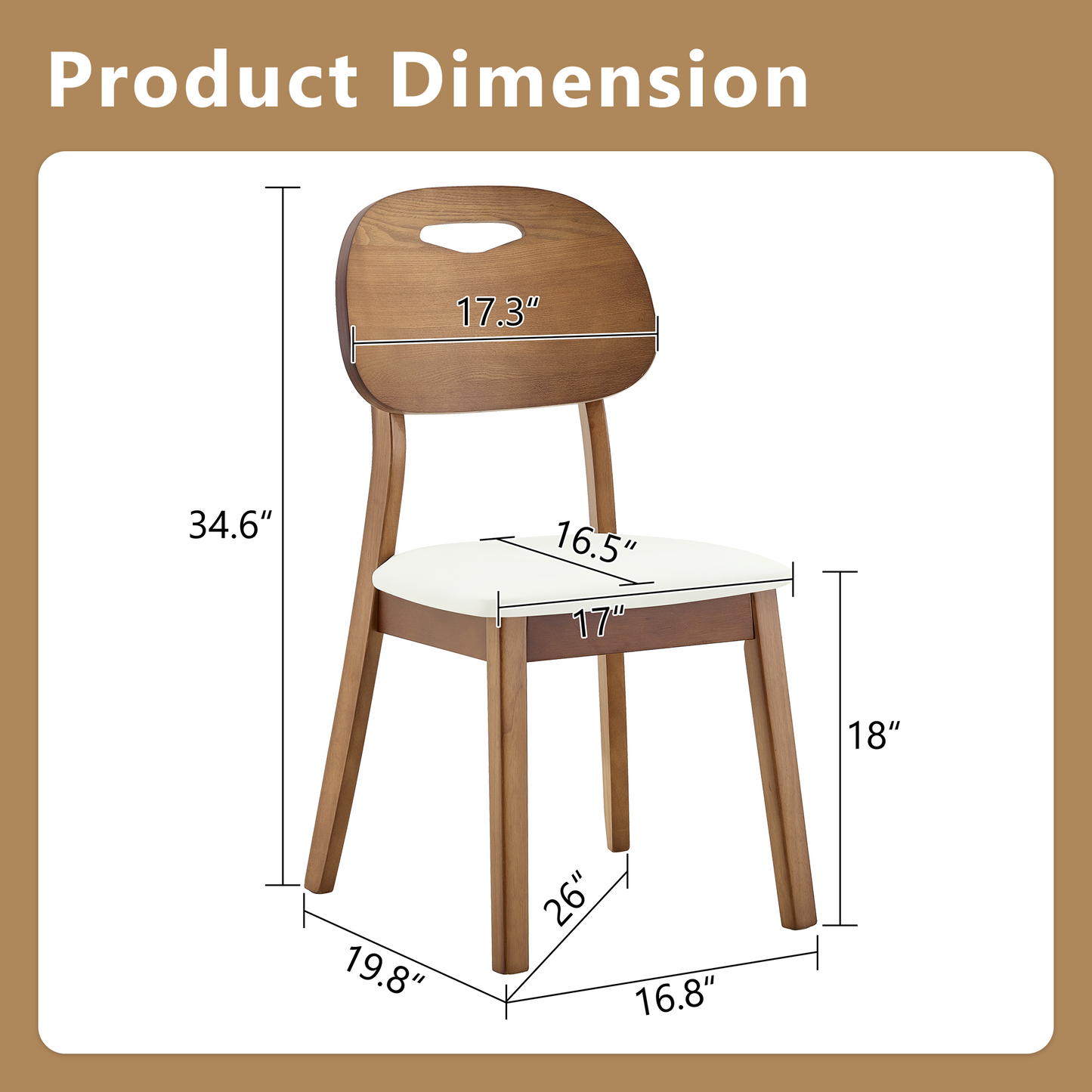2 Walnut Colored Solid Wood Dining Chairs, White PU Soft Seat Cushions, Hollowed Out Backrests, And Home Dining Chairs.