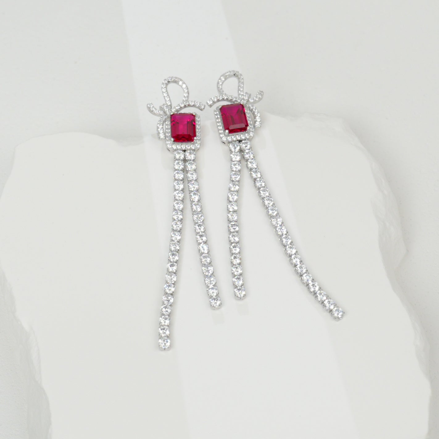 S925 Sterling Silver Bow Tassel Dangle Earrings, 8x6mm Lab-Grown Ruby & Emerald, Platinum Plated 8.1g Women's Luxury Jewelry Gift Box