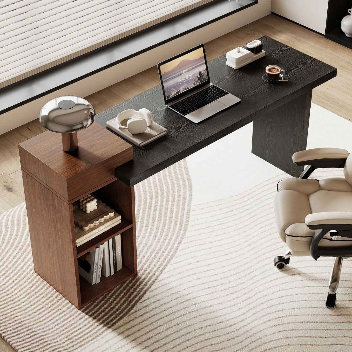Modern Two-Tone Sofa Side Table - Black Wood Grain & Walnut Wood Grain MDF Multipurpose Entryway Console Table With 2-Tier Open Storage Shelves For Living Room, Hallway, Bedroom