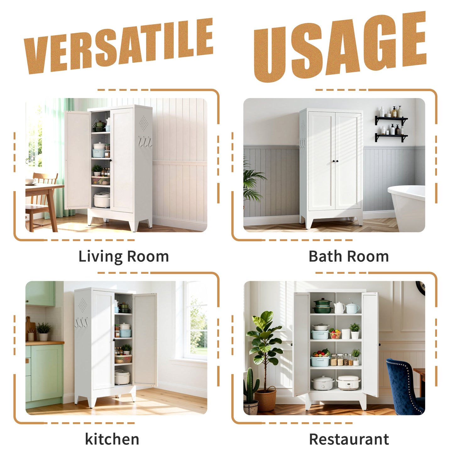 47.3  White Metal Kitchen Pantry Cabinet Adjustable Storage With 3 Shelves  110lb Capacity , Heavy Duty Freestanding Pantry Organizer For Kitchen, Pantry, Living Room