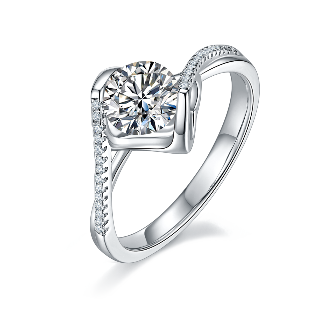 S925 Sterling Silver 1ct Moissanite Engagement Ring, D-VVS1 Round Cut With Heart Setting & Pave Band, Platinum Plated, US Sizes 5-9, GRA Certificate Gift Box