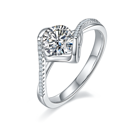 S925 Sterling Silver 1ct Moissanite Engagement Ring, D-VVS1 Round Cut With Heart Setting & Pave Band, Platinum Plated, US Sizes 5-9, GRA Certificate Gift Box