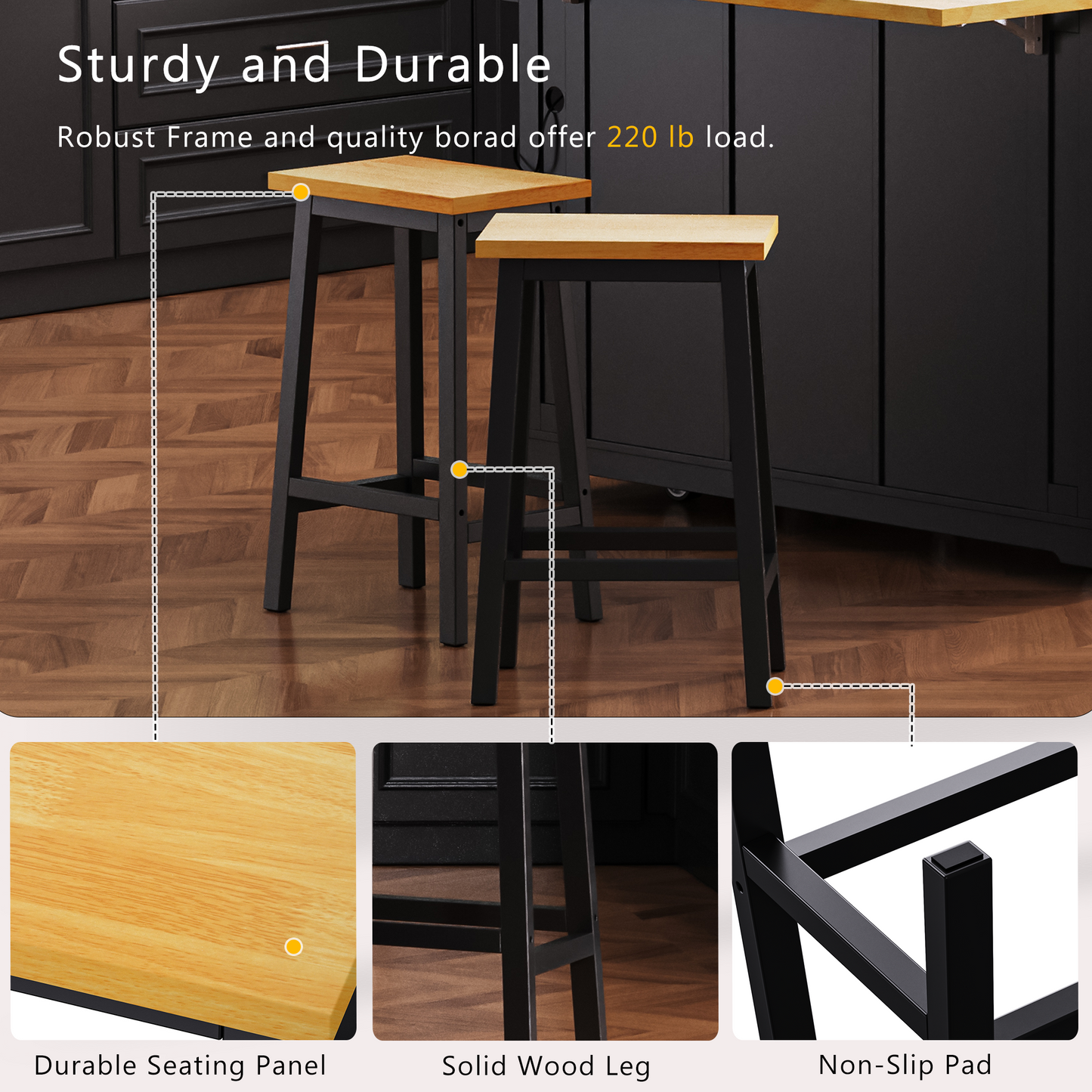 K&K Solid Wood Bar Stools  Not Cheap Iron , 25.6  Tall Set Of 2 Bar Chairs, Kitchen Counter Stools With Footrests, Farmhouse Stools For Dining Room, Kitchen, Counter, Black