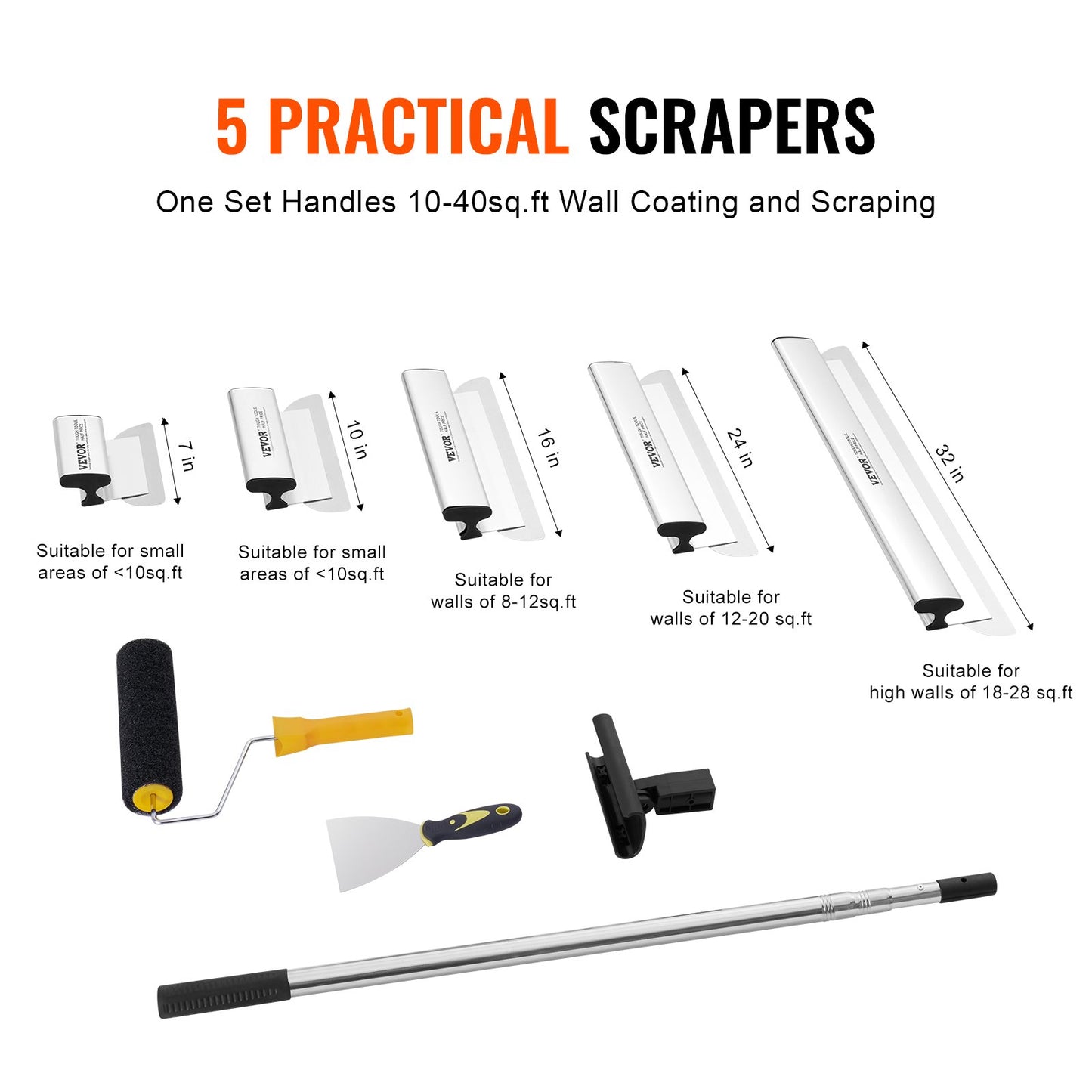 Drywall Skimming Blade Set, 7/10/14/16/24 In Skimming Blades + 34 - 81.6 In Extension Handle Pole, Stainless Steel Knife Professional Skim Coat Tools, For Gyprock/WallBoard/Plasterboard