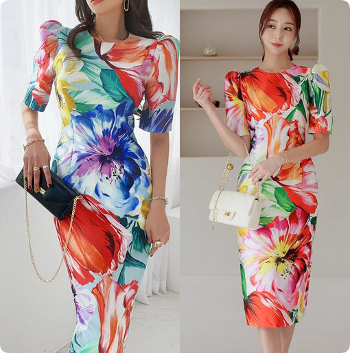 Korean Style Elegant Retro Print Round Neck Short-sleeved Top