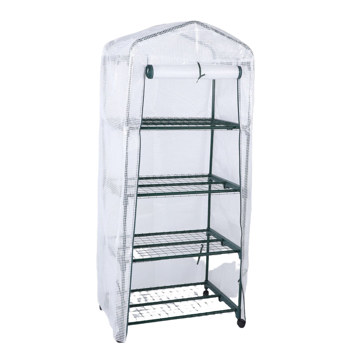 Greenhouse With PE Cover 360° Rotating Wheels Zippered Door Frost Proof 4 Tier Small Plants Green House For Indoor Outdoor White