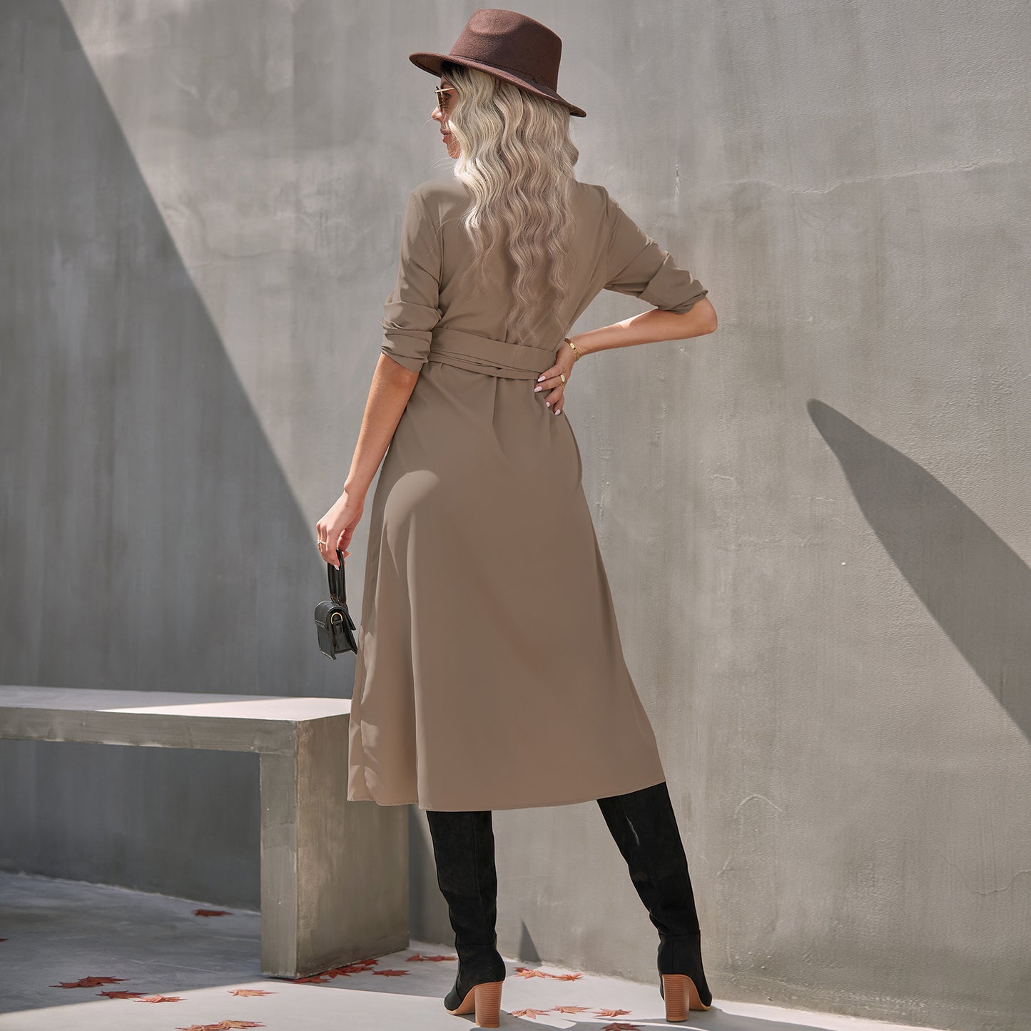 Women's Elegant Lapel Collar Long Sleeve Button Down Belted Shirt Dress, Casual Maxi Dresses With Slit For Office & Daily Wear