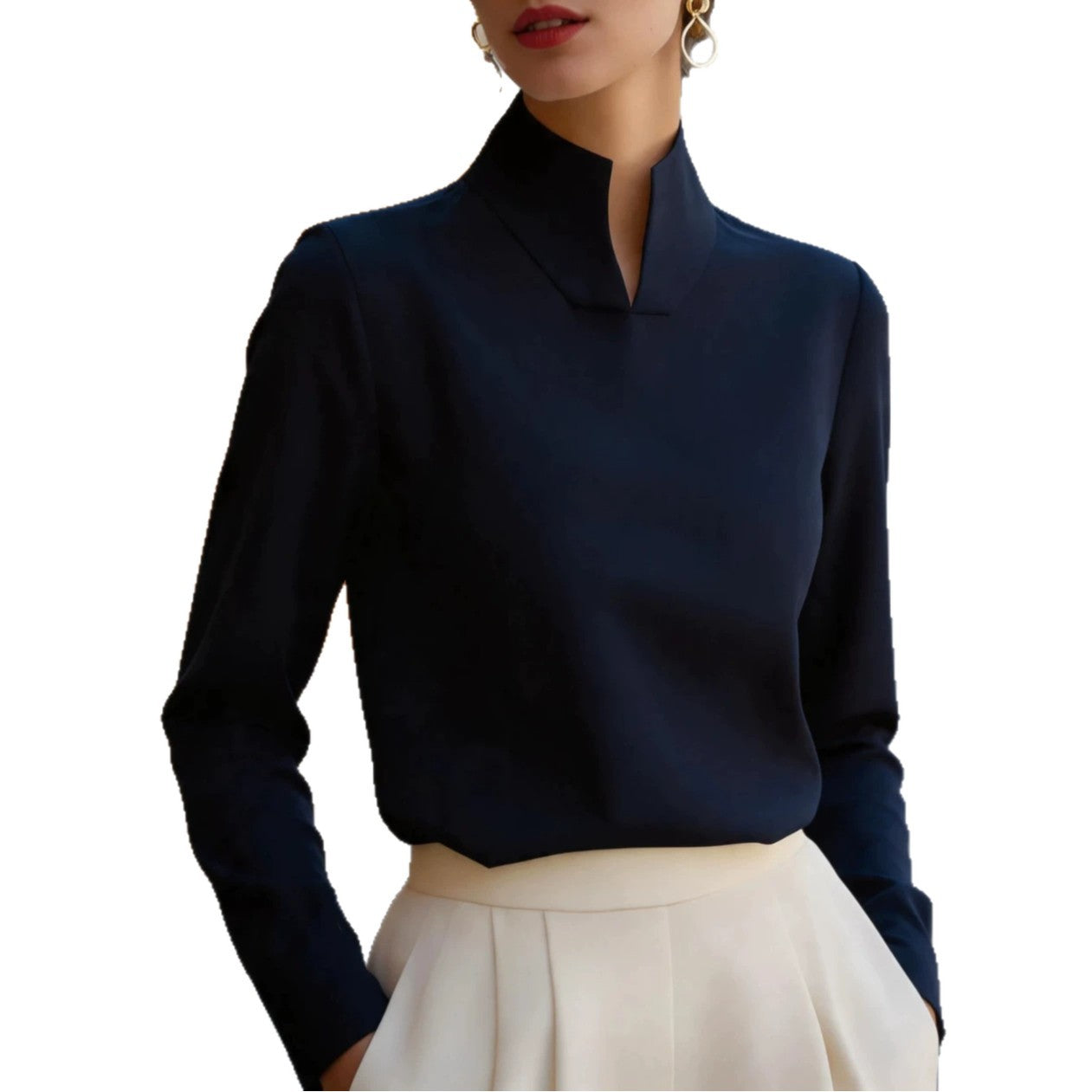New Chinese-style Mandarin-collar Long-sleeve Blouse Niche Office-chic Top For Women