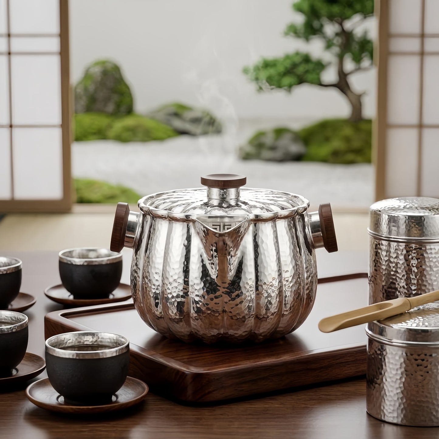 Pure 999 Fine Silver Exquisite Hammered Sterling Silver Pumpkin-Shaped Teapot with Black Handles for Elegant Tea Service - Handicraft