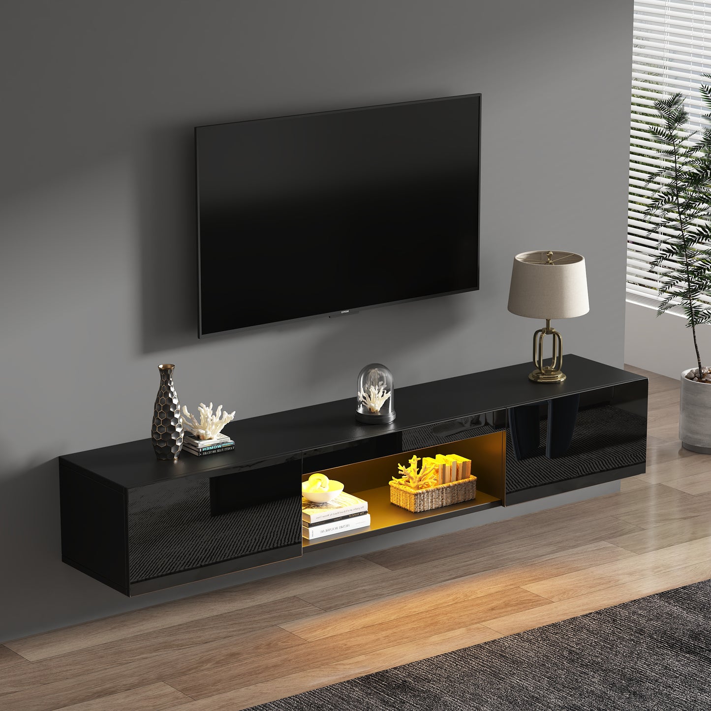 160x31x22cm High Gloss Hanging Cabinet,TV Stand And TV Cabinet With LED Lighting, Lowboard, TV Table,TV Board, TV Dresser,Wall Mounted TV Stand, For 70 Inch TV, 35kg Carrying Capacity, Black