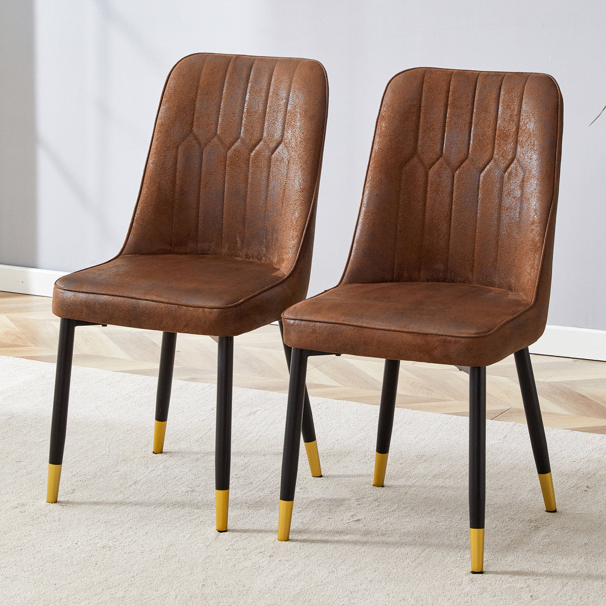 Set Of 2 Dining Chairs -Modern Brown Dining Chairs With Tech Fabric Backrest And Black Metal Legs, Suitable For Various Areas Such As Dining Room, Kitchen And Bedroom.