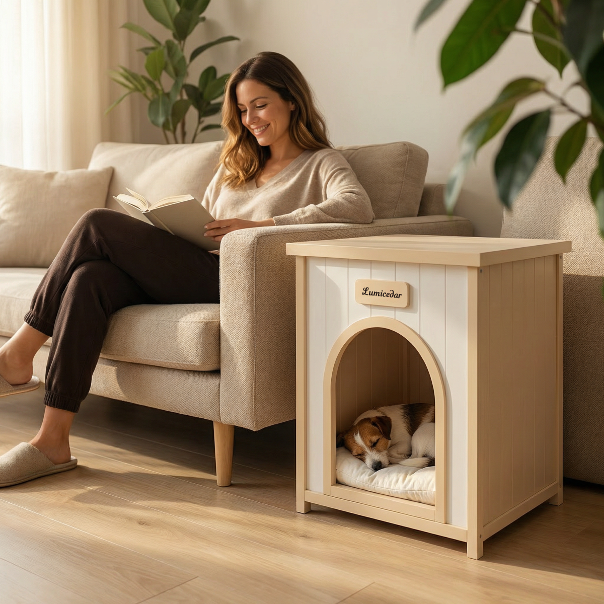 Modern Indoor Wooden Dog House with Removable Cushion – Solid Cedar Pet House for Small Dogs & Cats, Furniture-Grade Scandinavian Design