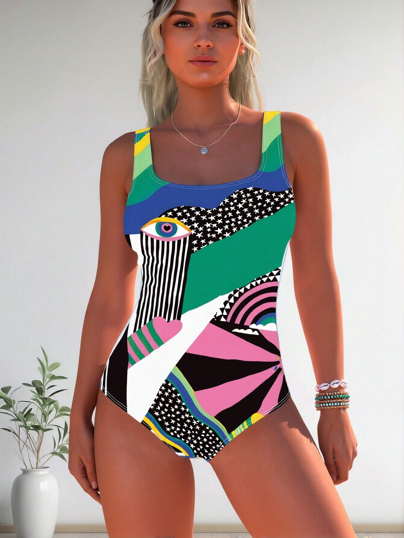 2026 New Abstract Geometric Print One Piece Swimsuit, Square Neck Evil Eye & Rainbow Tummy Control Bathing Suit