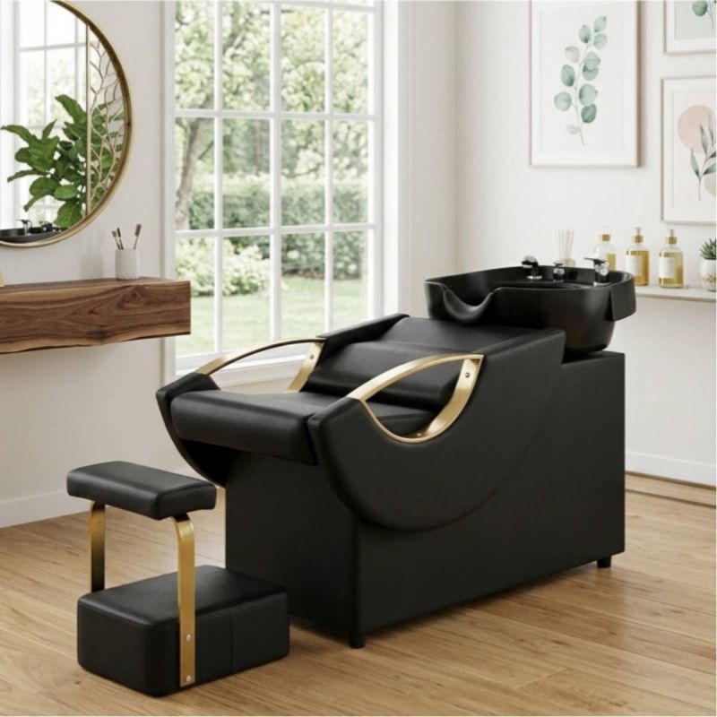 Shampoo Bowl And Chair Set For Salon,New Backwash Barber Chair,ABS Plastic Shampoo Bowl Sink Unit W Independent Footrest For Beauty Spa Barbershop,Black