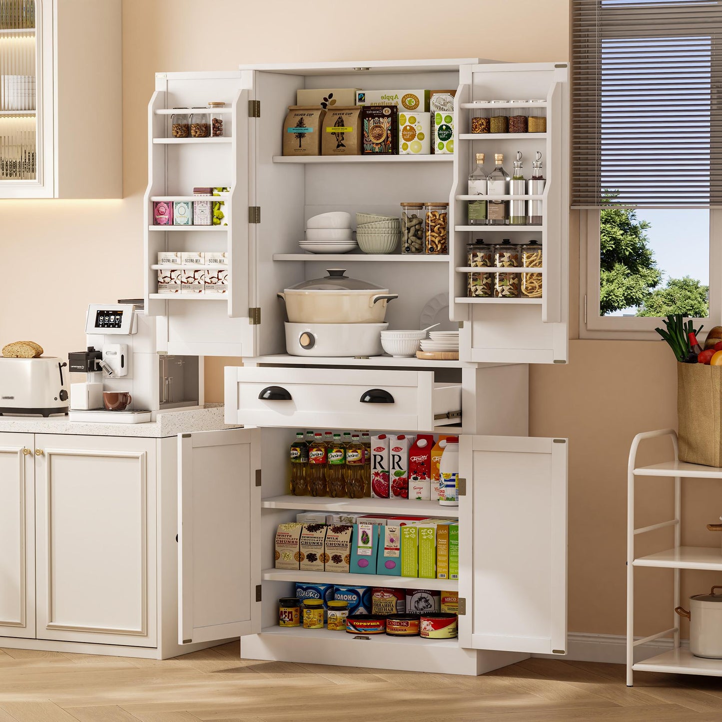 182 Cm Storage Cabinet, 4 Doors And 1 Drawer, 2 Doors With Shelves, 6 Storage Compartments And 4 Adjustable Shelves, Suitable For Kitchen, Dining Room And Living Room, White