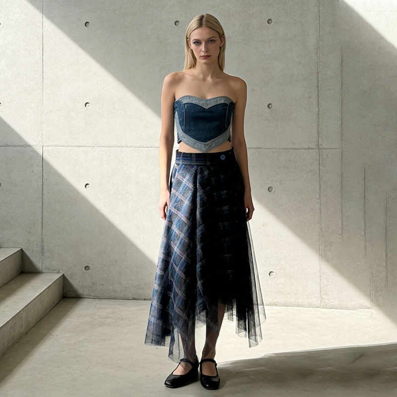 Korean-style Plaid Patchwork Skirt For Women