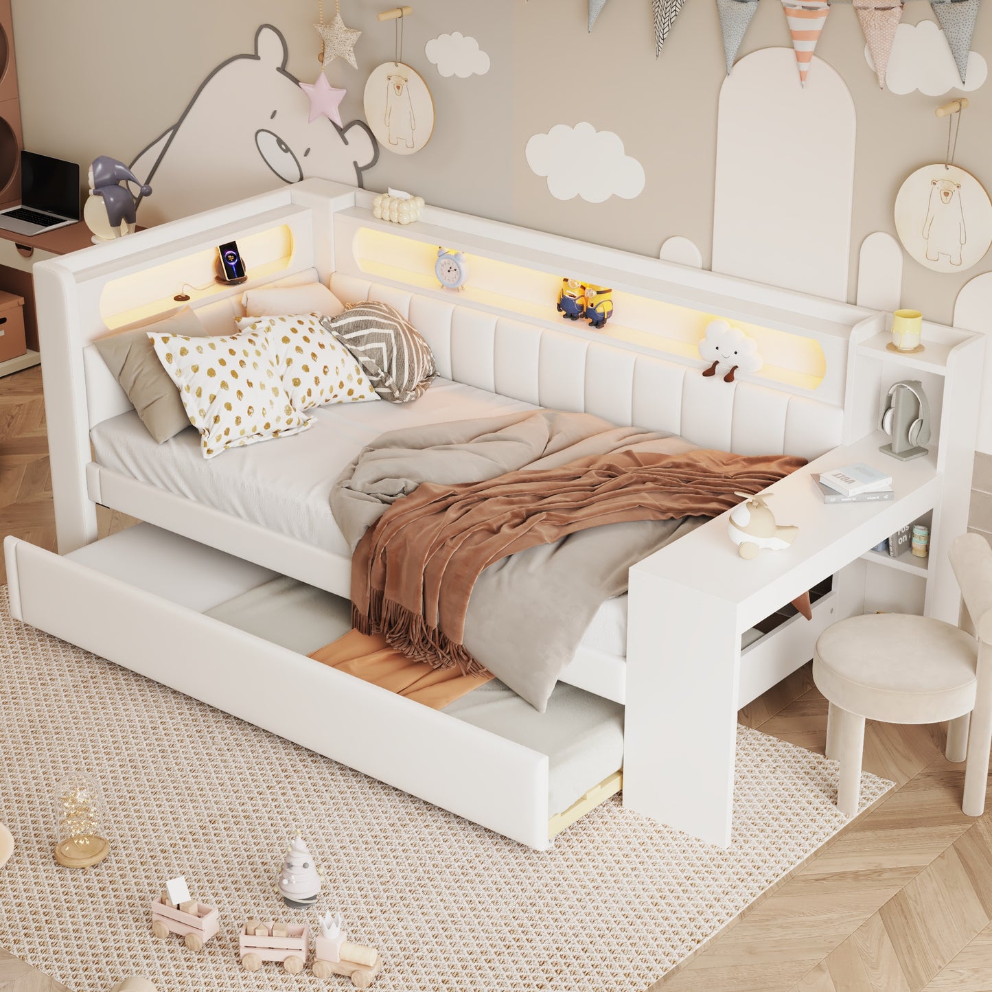 Padded 90x200 Daybed With USB Ports And LED Belt, With Trundle Bed And Desk, White
