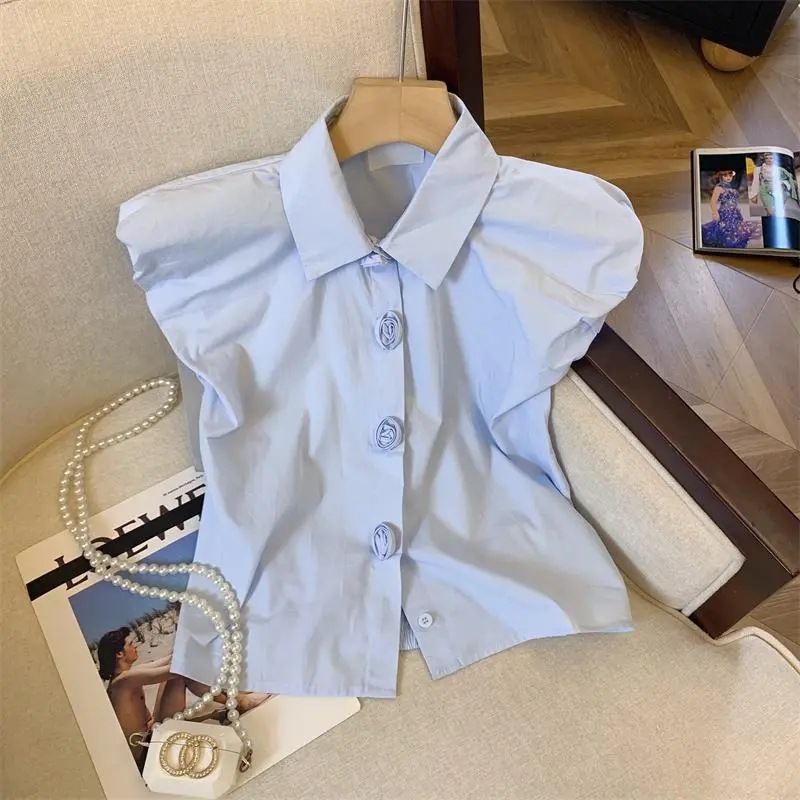 Korean-style French-style Puff-sleeve Blue Blouse For Women