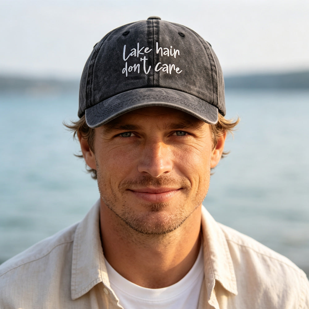 2pcs Lake Hair Washed Black Baseball Cap , Lake Hair Don't Care Embroidery Vintage Distressed Hat Summer Casual Lake Trip Hat
