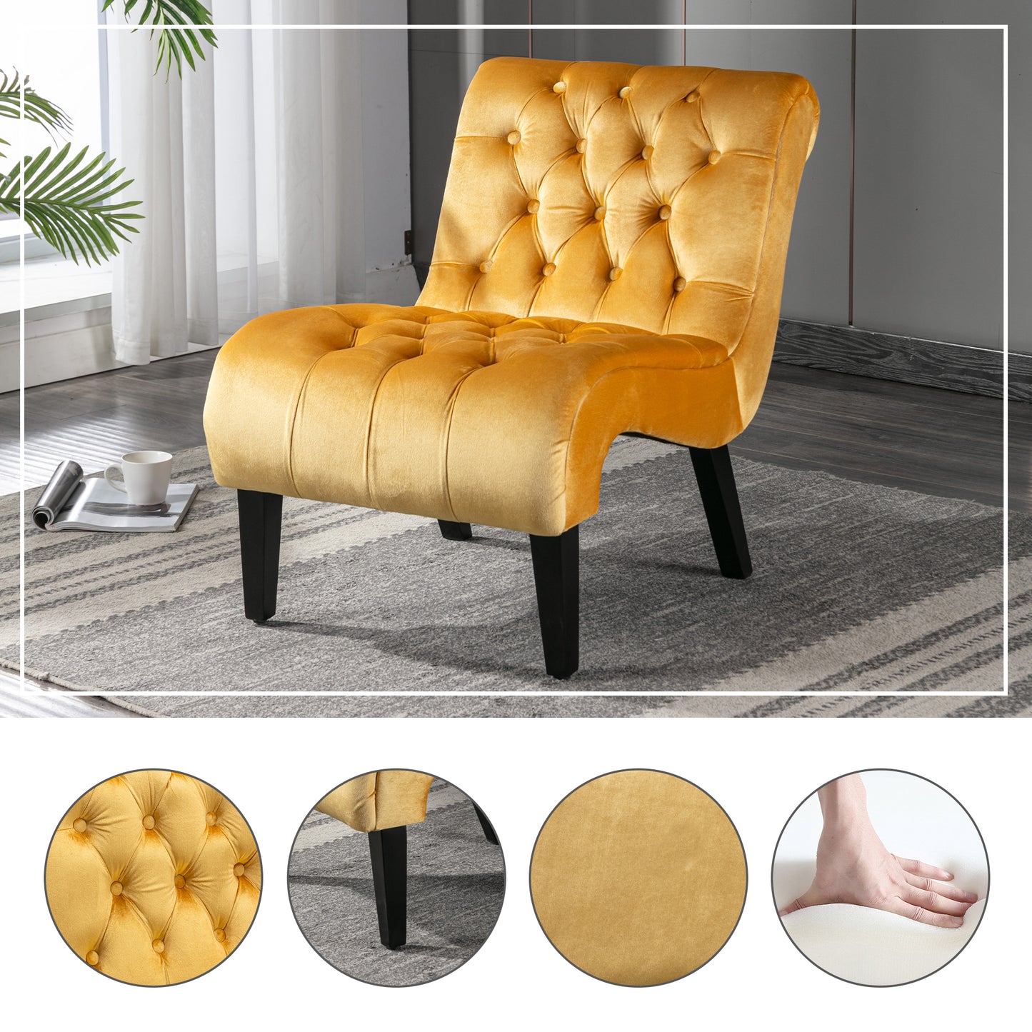 COOLMORE Modern Velvet Armless Accent Living Room Chair   Leisure Chair,Upholstered Fabric Button Comfortable Chair With Wooden Legs For Bedroom, Living Room, Office  Mustard Velvet